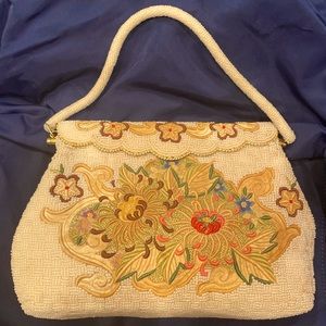 Antique pearl beaded floral embroidered purse 👜 bag vintage